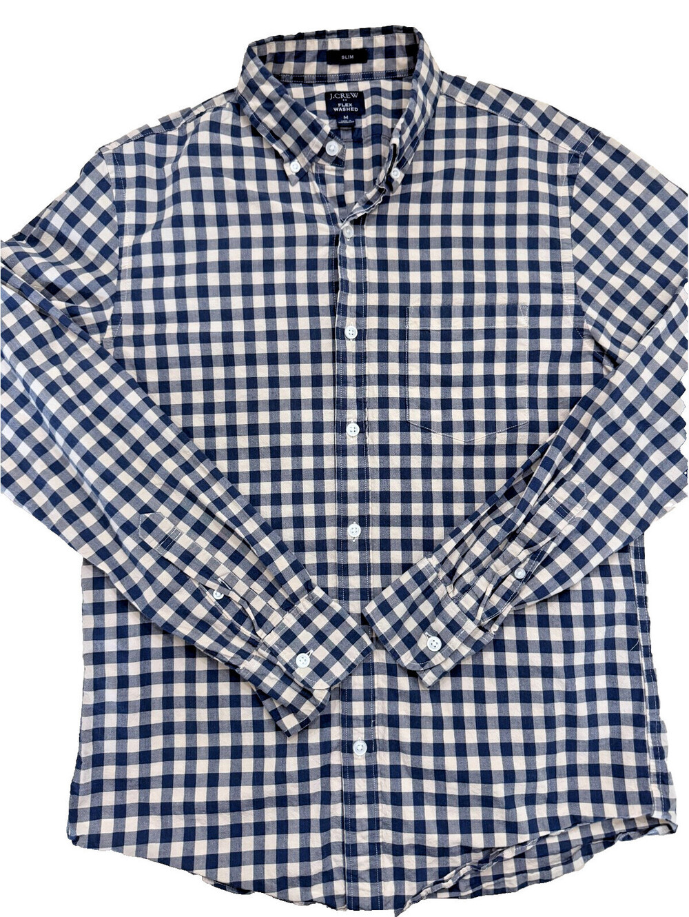 J. Crew Men's Long Sleeve Shirt Medium Blue White Checkered Slim Fit Flex Washed